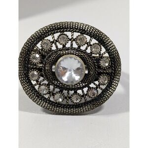 Bronze Tone Mesh Style Large Oval Rhinestone Statement Hinge Bangle Bracelet